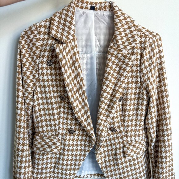 Plaid Fake Side Pockets Open Front Blazer, Casual Neck Split Hem Long Sleeve - Picture 1 of 3